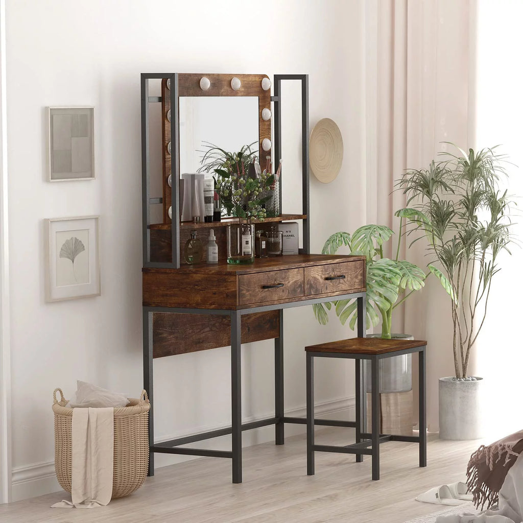 Rustic Vanity Set with Adjustable Lights, 3 Drawers, Brown T8313