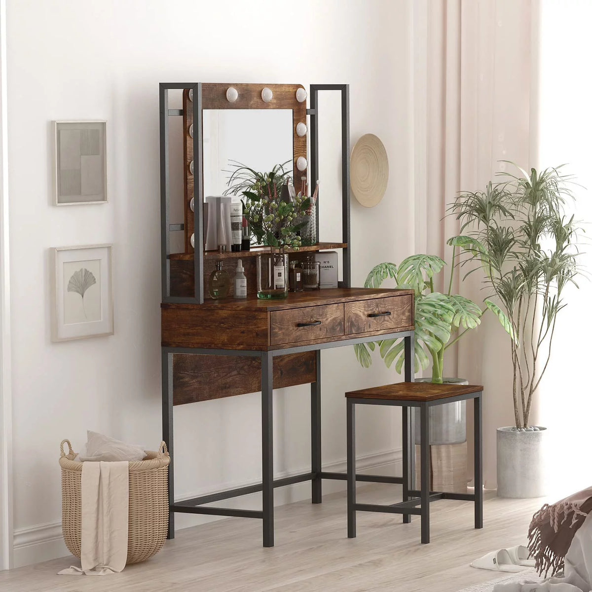 Rustic Vanity Set with Adjustable Lights, 3 Drawers, Brown T8313