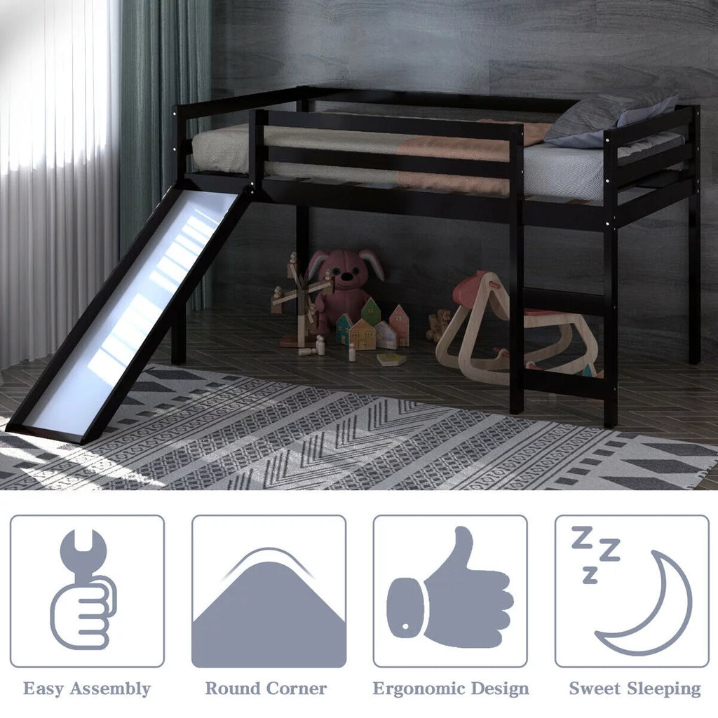White Twin Size Wood Loft Bed with Slide Q6341