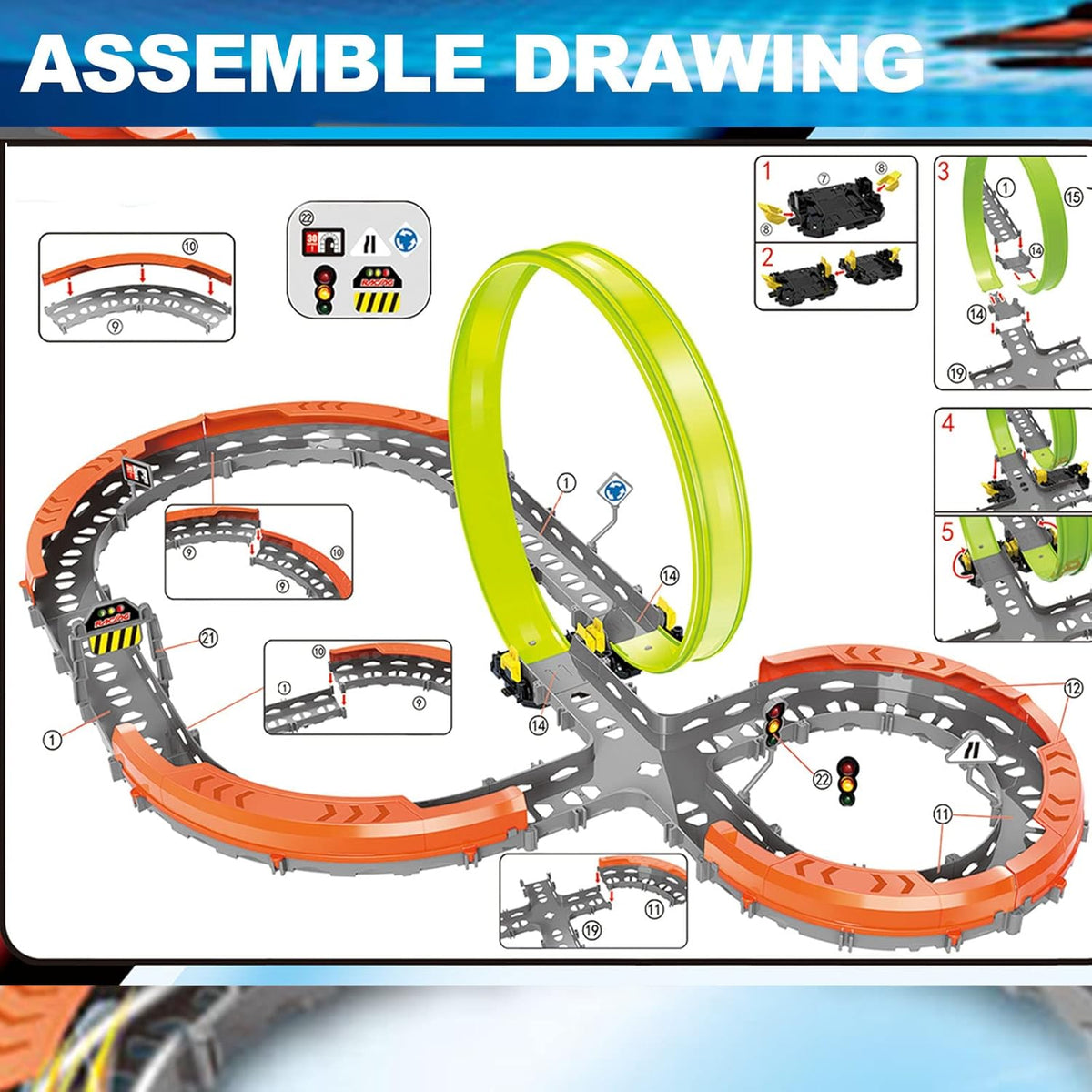 27 Pcs Race Car Track Set with 2 High Speed Cars, 360° Loop X-Type Crossing Track Z877