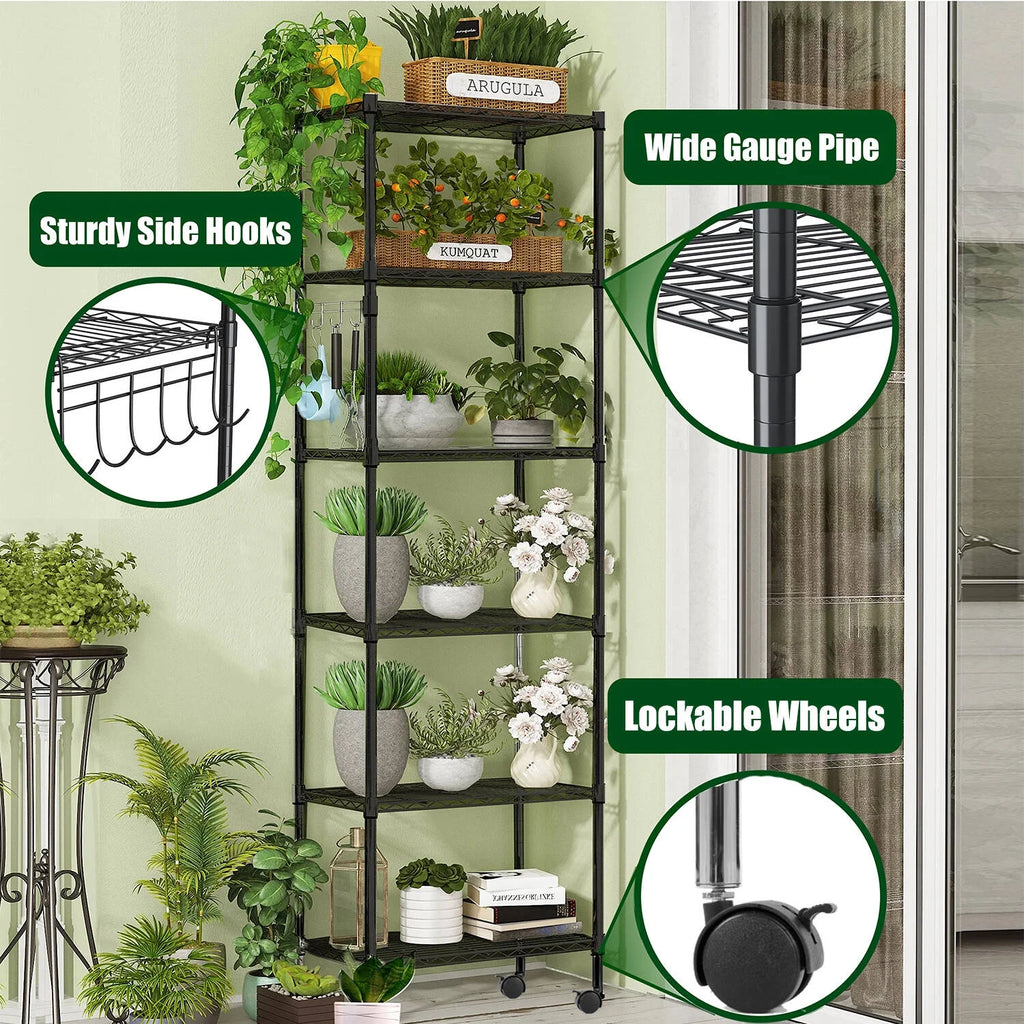 6 Shelves Wire Metal Heavy Duty Shelving Rack with Wheel, Silver B4209