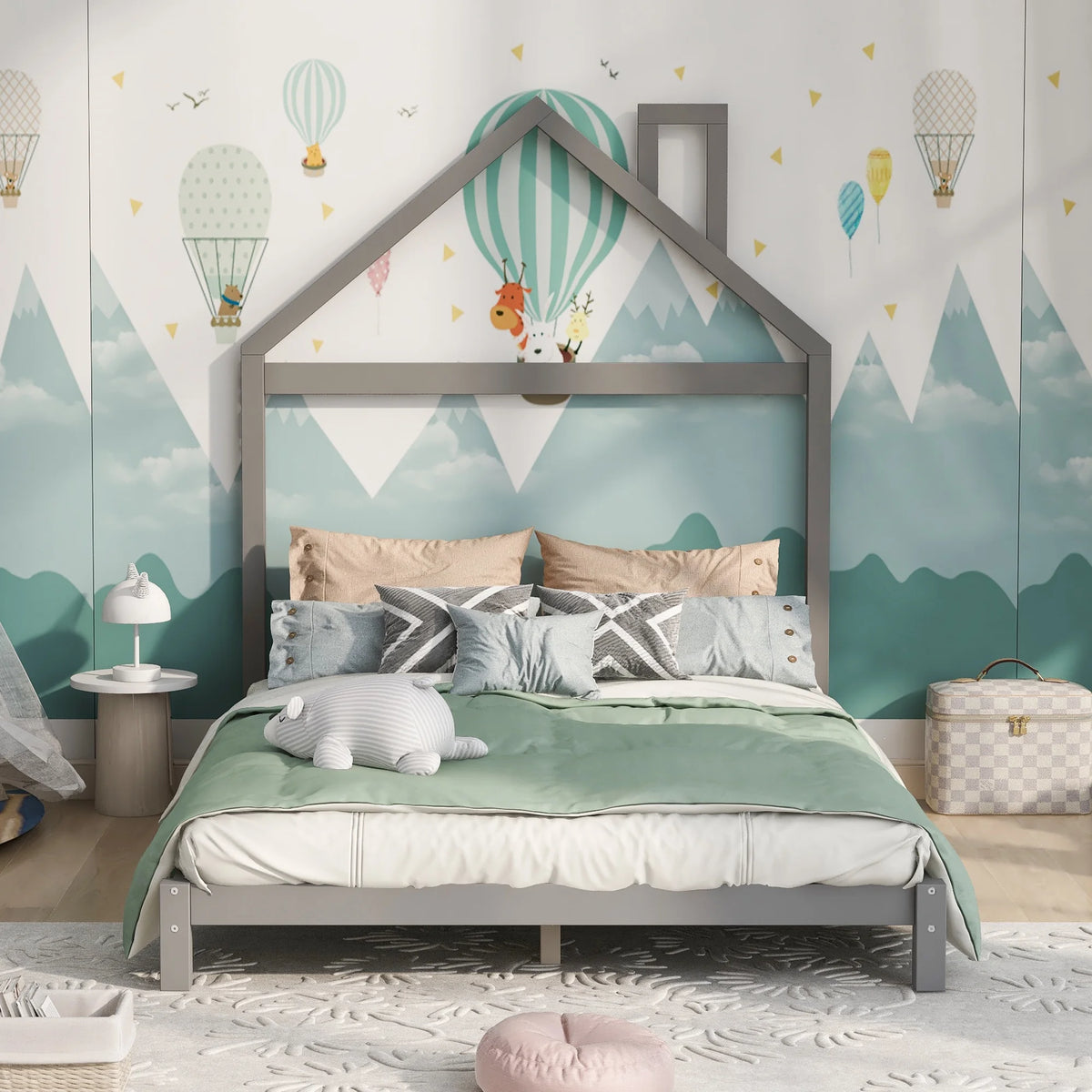 Full Size Gray Wood Platform Bed with House-shaped Headboard O89525