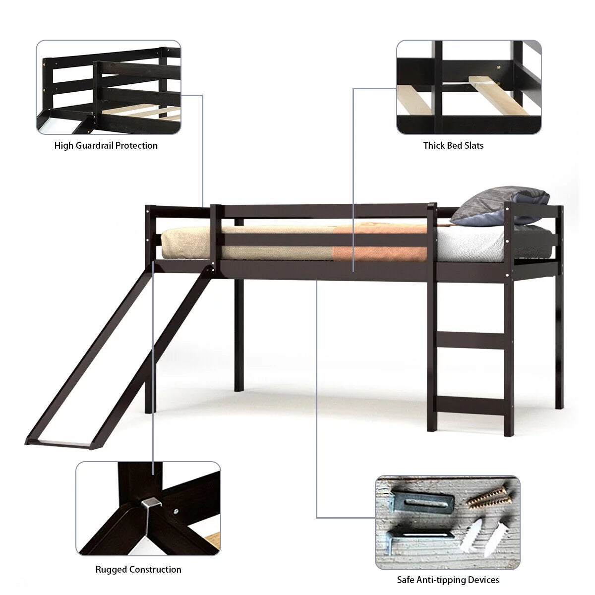 White Twin Size Wood Loft Bed with Slide Q6341