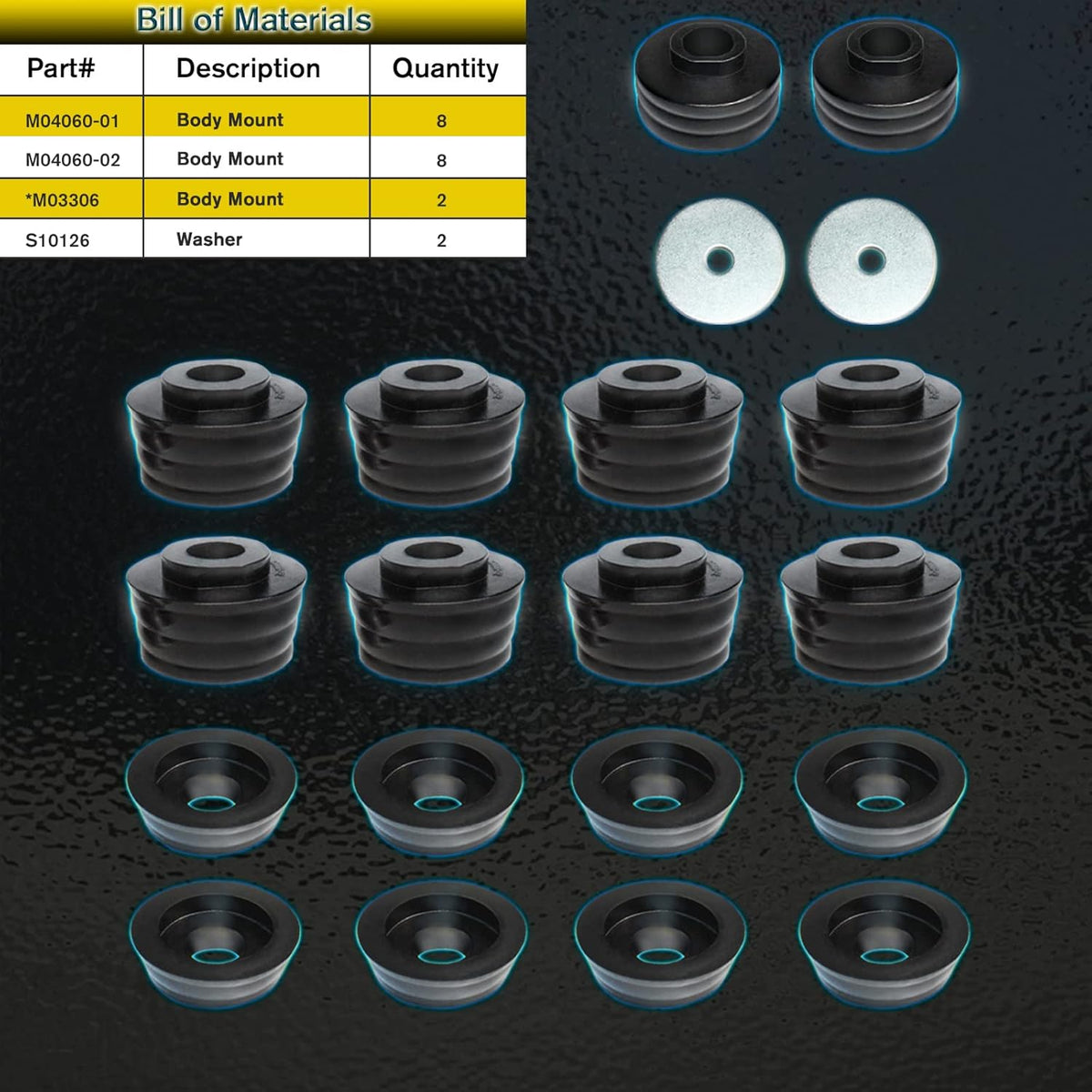 18Pcs Black Polyurethane Body Mount Bushing Kit X221541