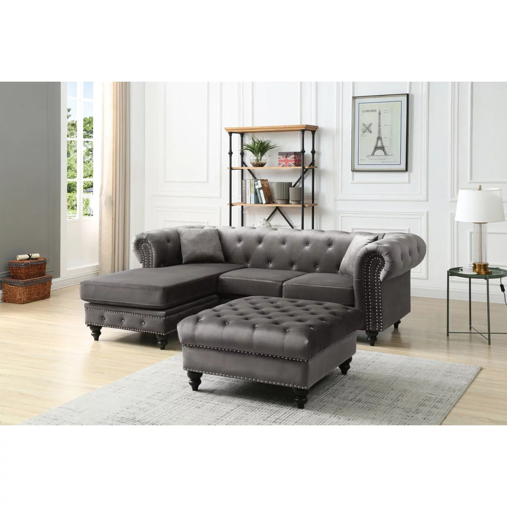 Dark Gray Velvet L-Shape 3-Seater Sofa with 2-Throw Pillow U706