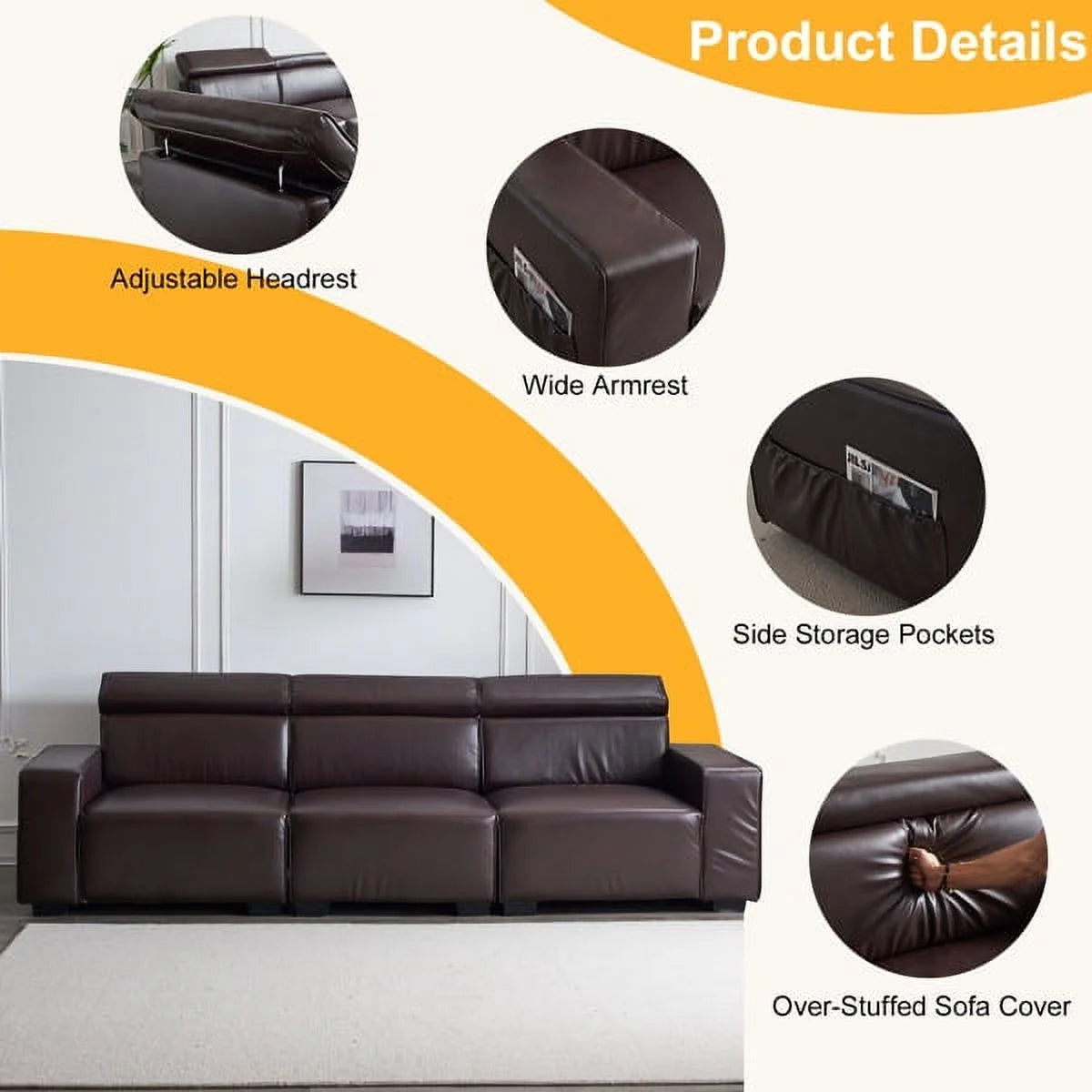 Retro PU Three-Seater Sofa Brown V7259