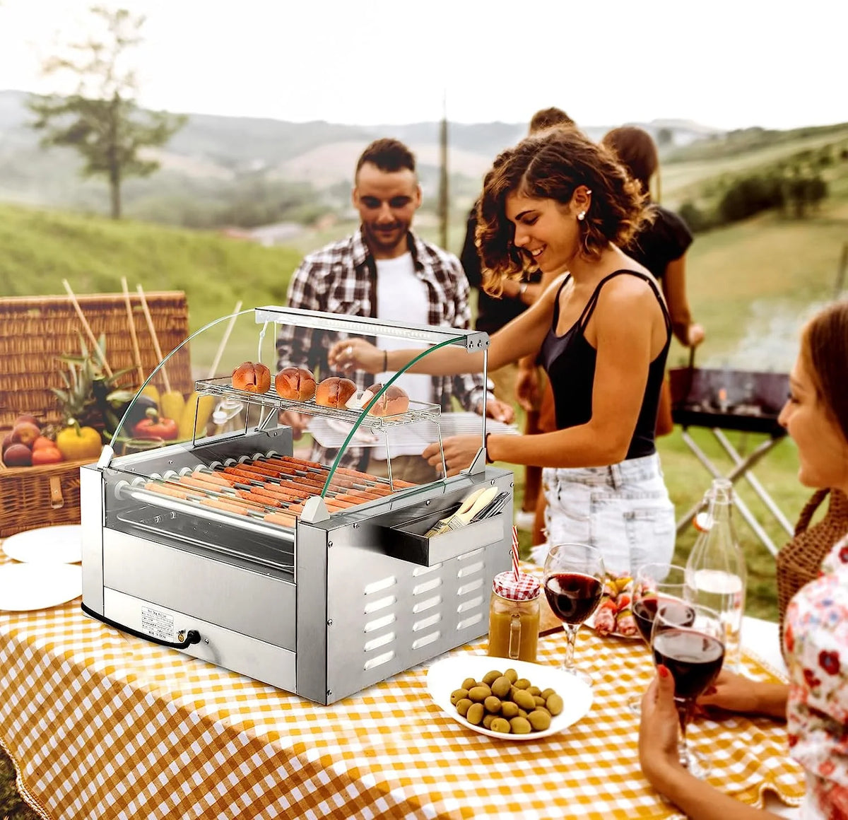 2000W 11 Rollers Hot Dog Roller Grill Cooker Machine with Bun Warmer G949481