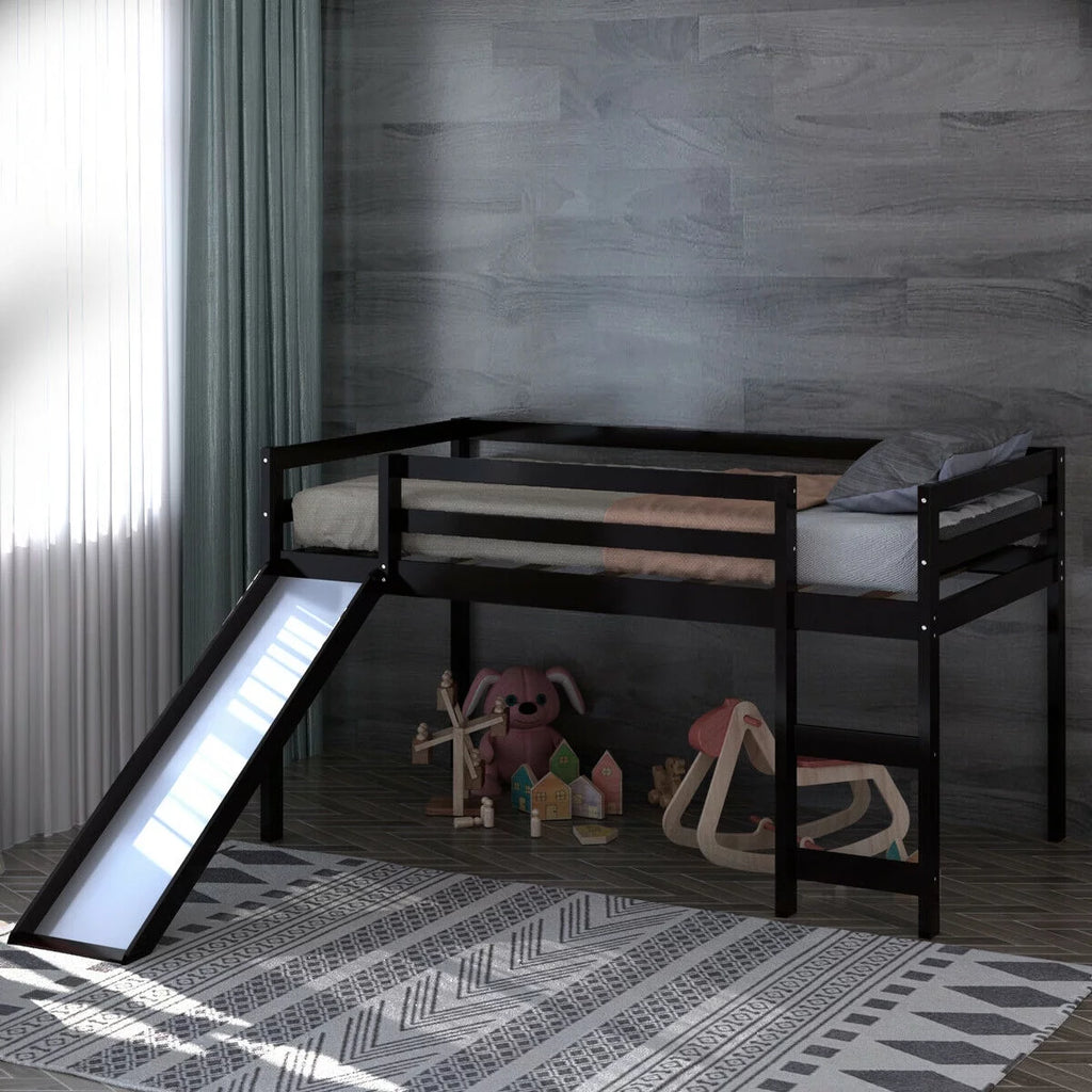 White Twin Size Wood Loft Bed with Slide Q6341