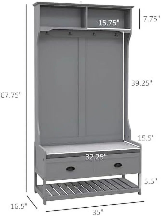 3-in-1 Hall Tree Entryway Bench with Coat Rack Shoe Rack 2 Drawers 4 Hooks Padded Seat Cushions Gray V74735