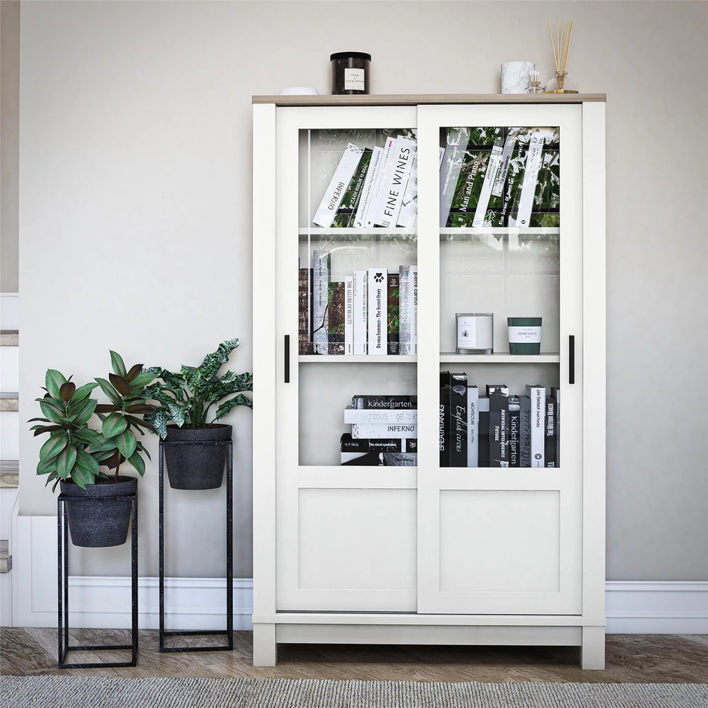White Bookcase Cabinet with Sliding Glass Doors L2507