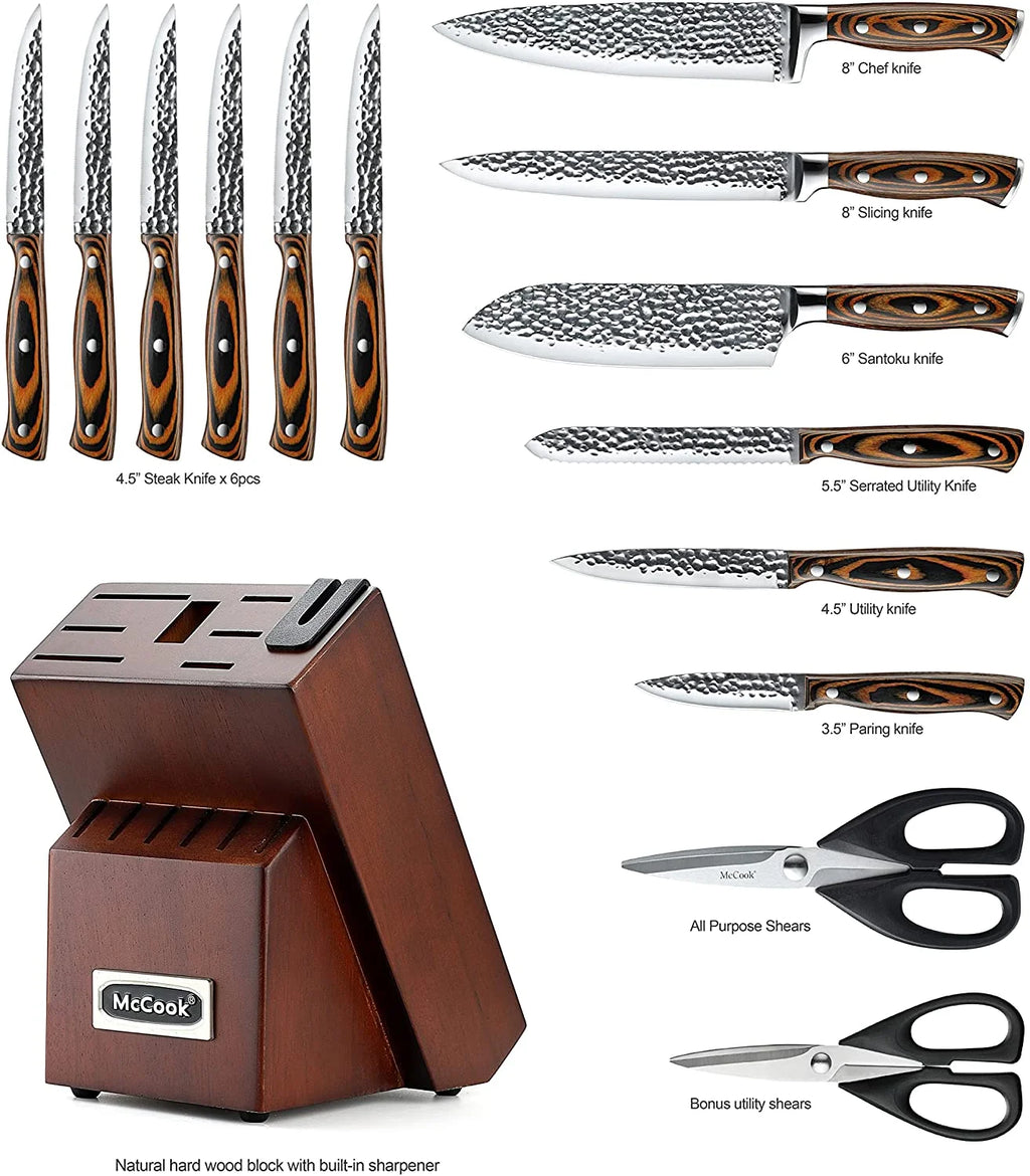15-Piece Stainless Steel Knife Block Set with Built-in Sharpener I8106