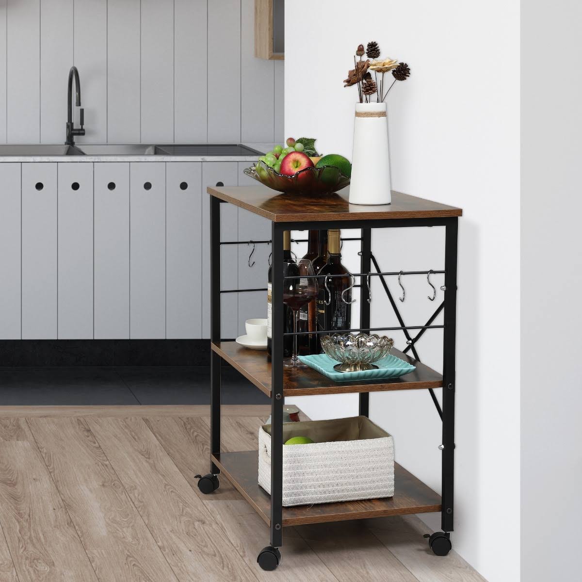 3-Tier Wood Kitchen Cart with Storage Space on Wheels Q800929