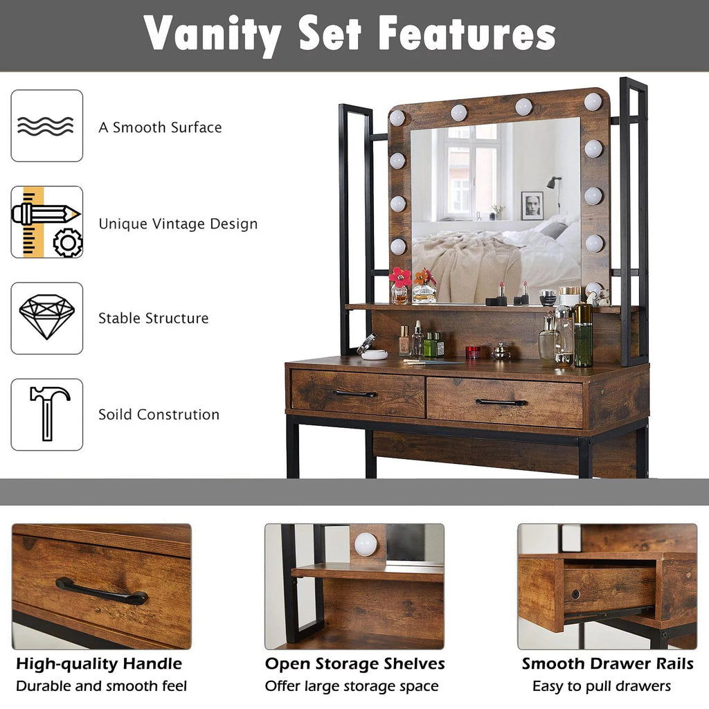 Rustic Vanity Set with Adjustable Lights, 3 Drawers, Brown T8313