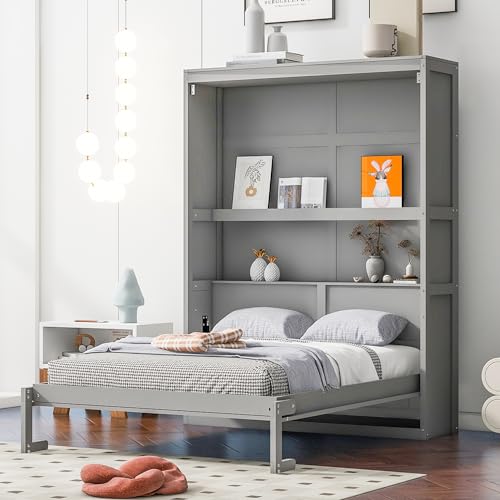 Full Size Murphy Bed with Storage Shelves Gray M265