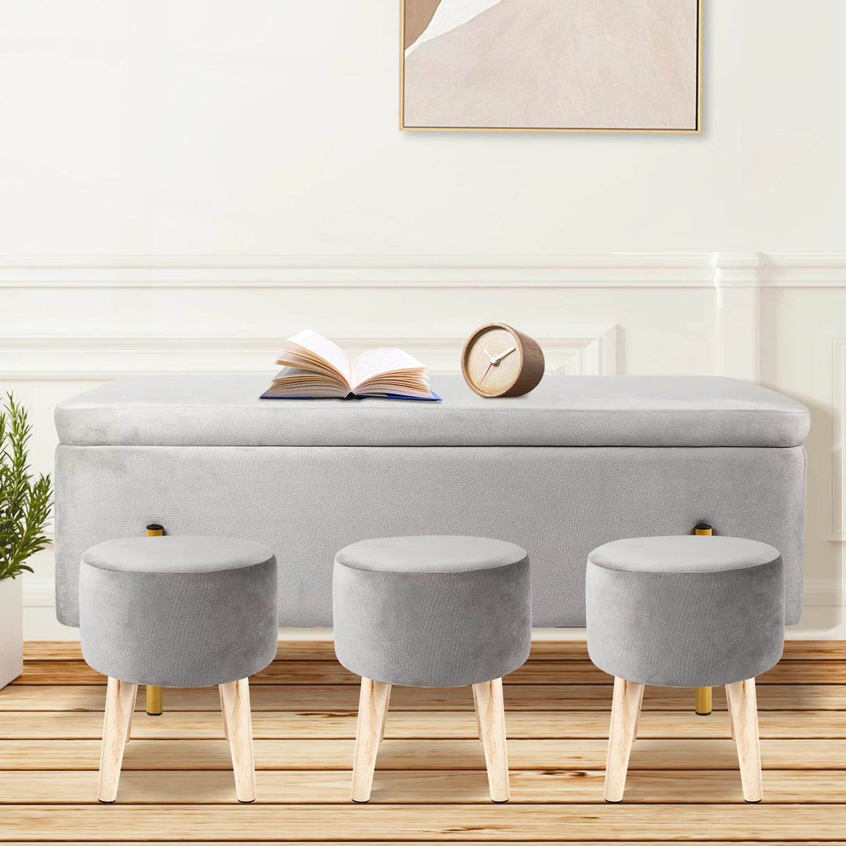 Velvet Storage Ottoman Bench with 3 Footstools C340710