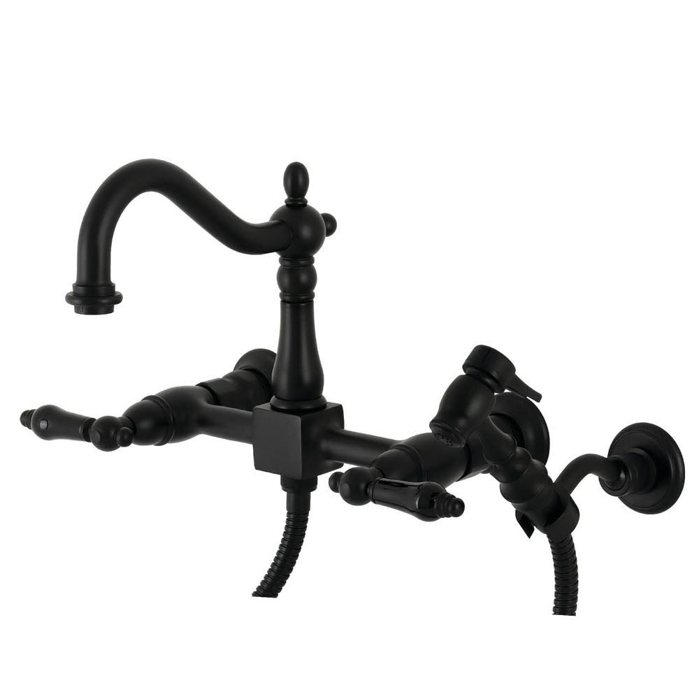 Matte Black 2-Handle Wall-Mount Kitchen Faucet with Side Sprayer P106624