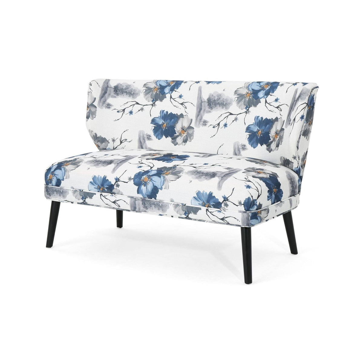 Navy Blue and Gray Floral Rectangular Settee G39400