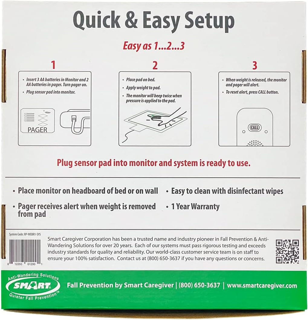 Wireless Fall Alert with 10in x 30in Bed Pad and Caregiver Pager C508030