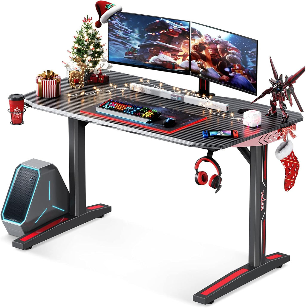 Black Carbon Fiber 47 Inch Gaming Desk with Cup Holder Rack and Headphone Hook L92442