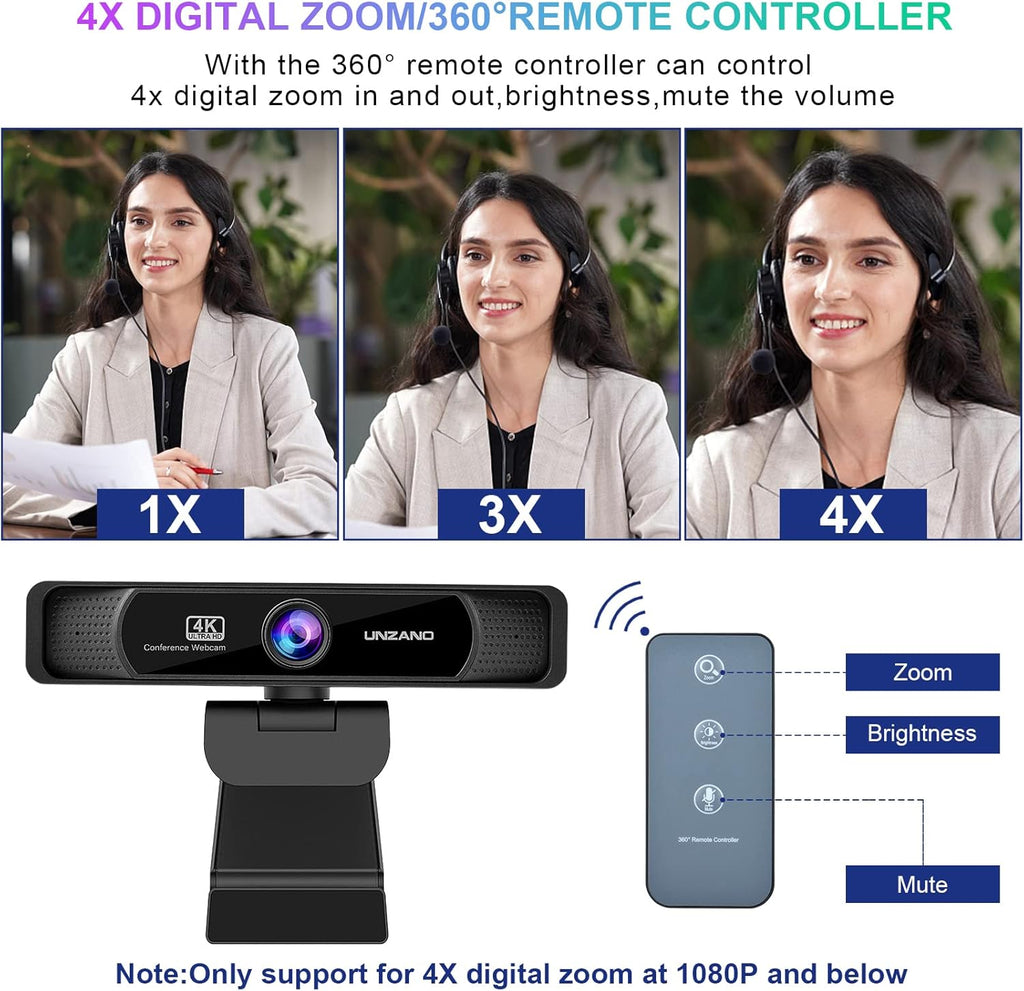 4K Webcam with Remote Control, Auto-Focus 120° Wide Angle, Dual Noise Reduction Mics X80904