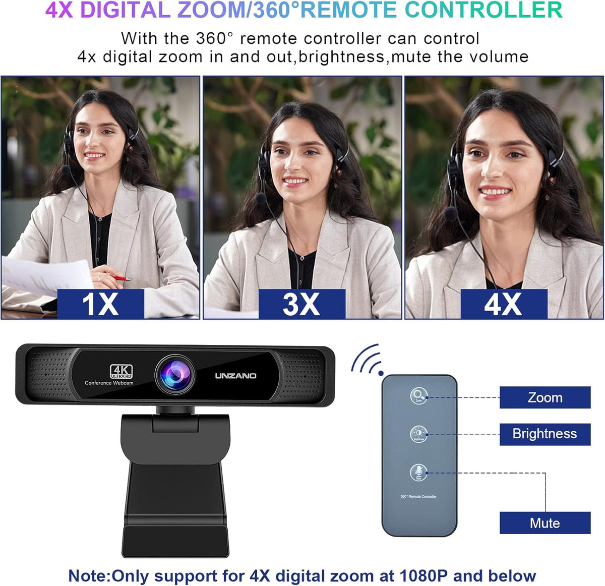 4K Webcam with Remote Control, Auto-Focus 120° Wide Angle, Dual Noise Reduction Mics X80904