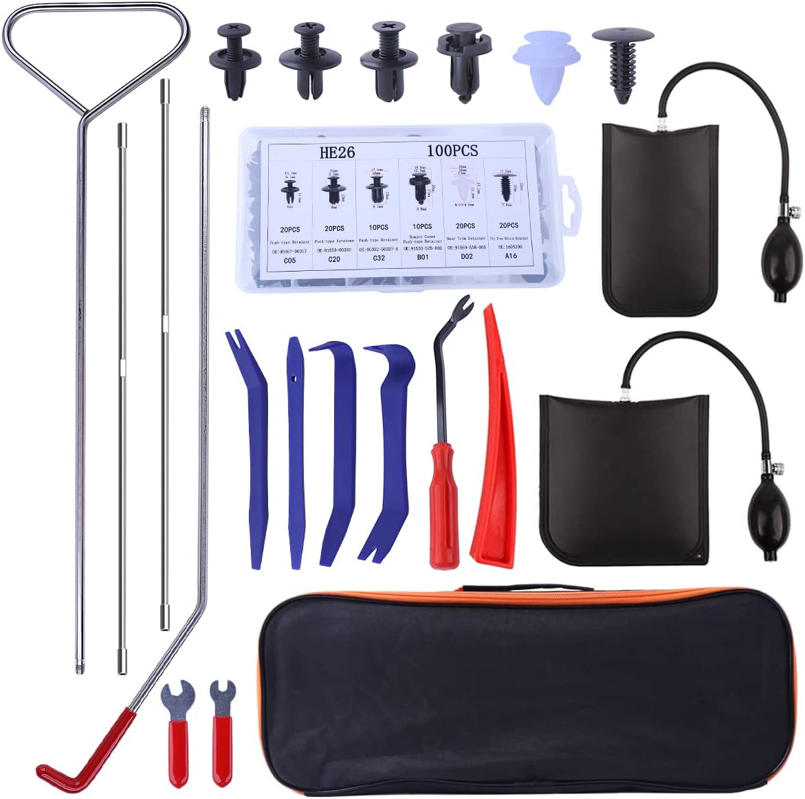 24 PC Car Tool Kit with Non Marring Wedge Air Pump Bag Stainless Steel Long Reach Tools S387347