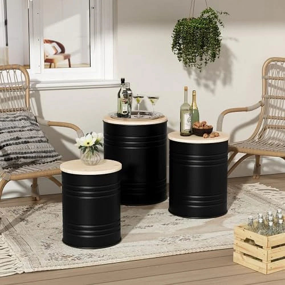 Set of 3 Galvanized Metal Side Table with Wood Lid A4768