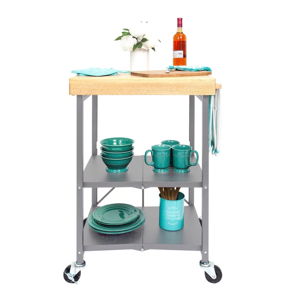 Foldable Wheeled Solid Wood Top Kitchen Island Bar Cart W839