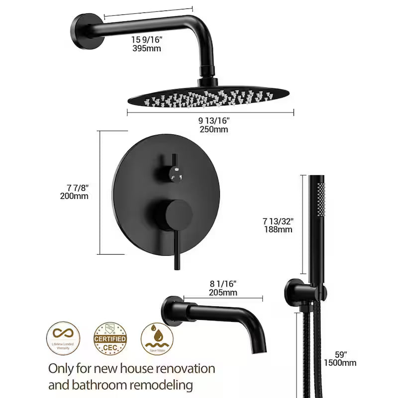 10 in. Wall Mount Shower Head and Tub Faucet 2.5 GPM Matte Black X899
