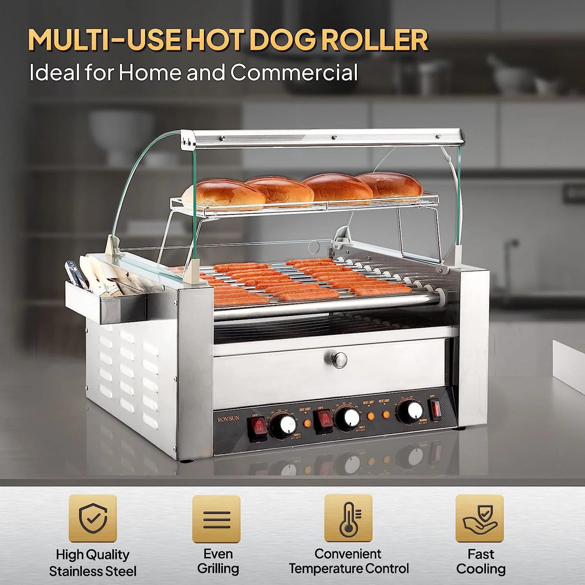 2000W 11 Rollers Hot Dog Roller Grill Cooker Machine with Bun Warmer G949481