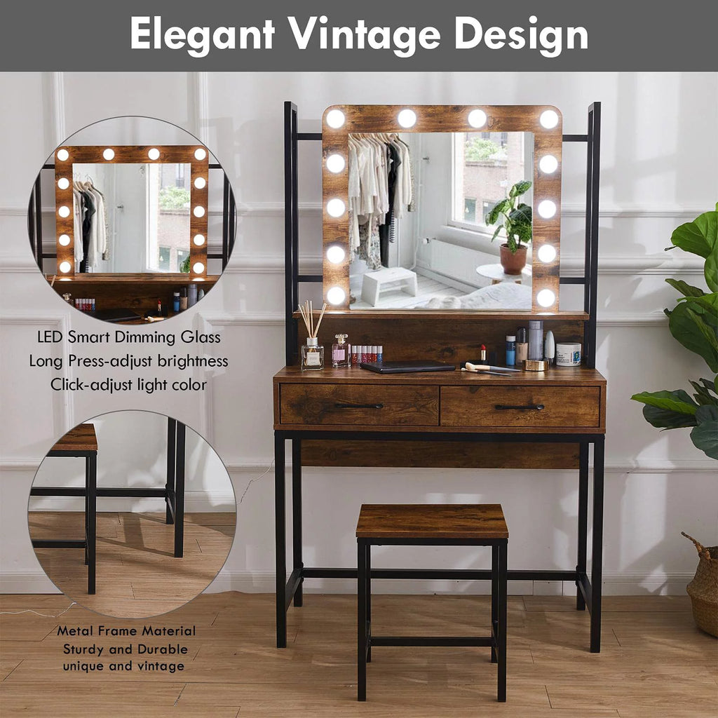 Rustic Vanity Set with Adjustable Lights, 3 Drawers, Brown T8313