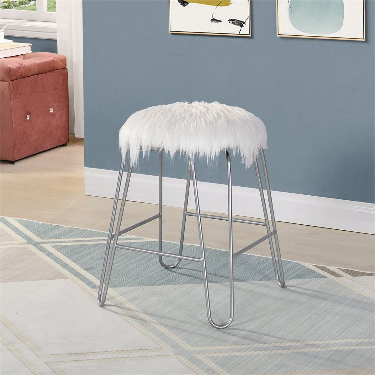 White Faux Fur Metal Vanity Chair P608