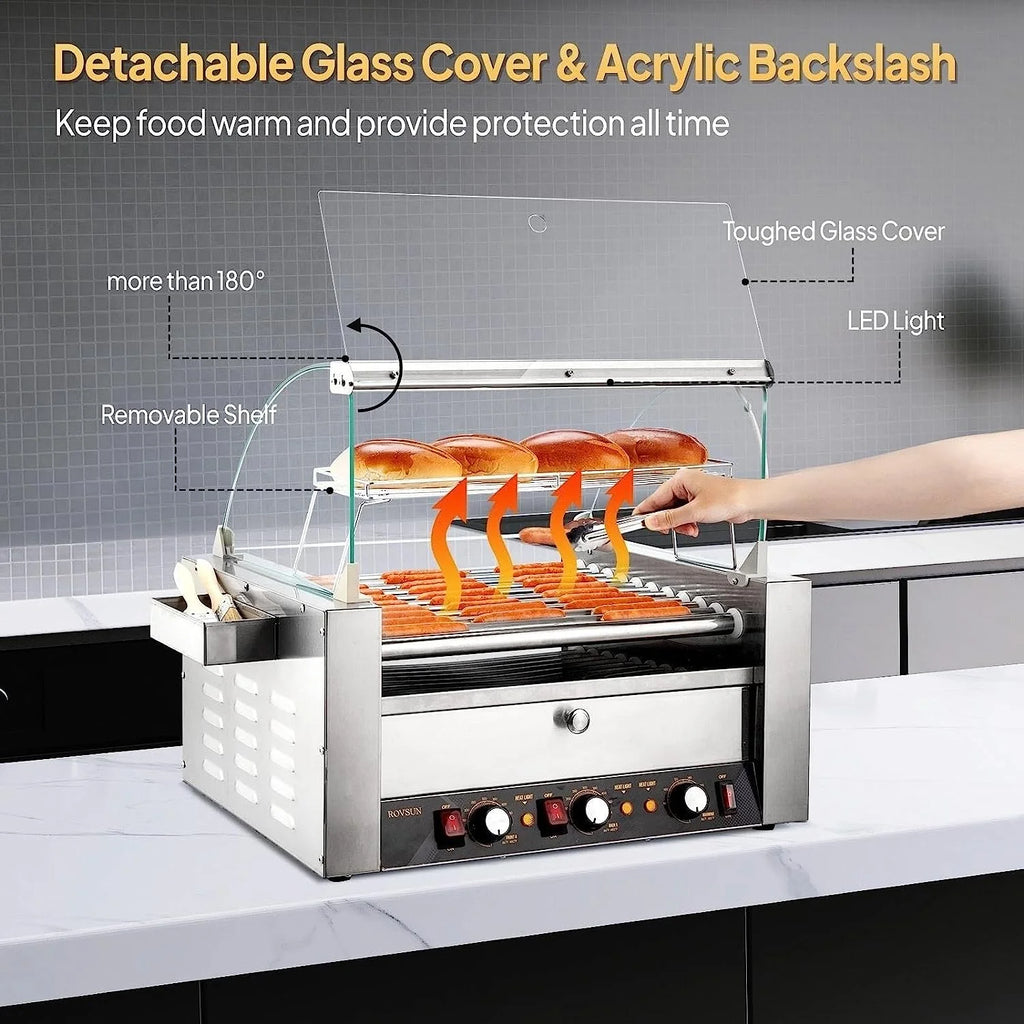 2000W 11 Rollers Hot Dog Roller Grill Cooker Machine with Bun Warmer G949481