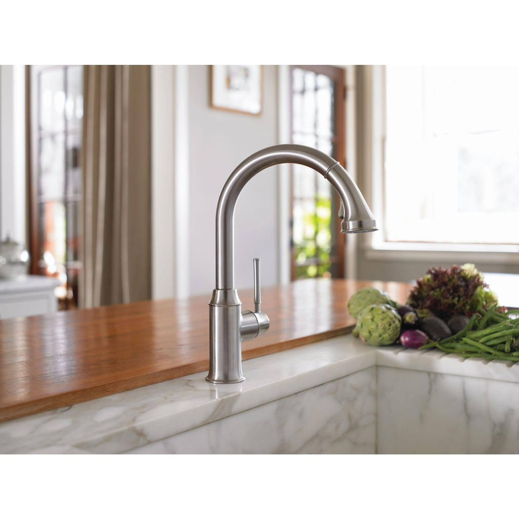 Steel Optik 2-Spray HighArc Pull-Down Kitchen Faucet W496