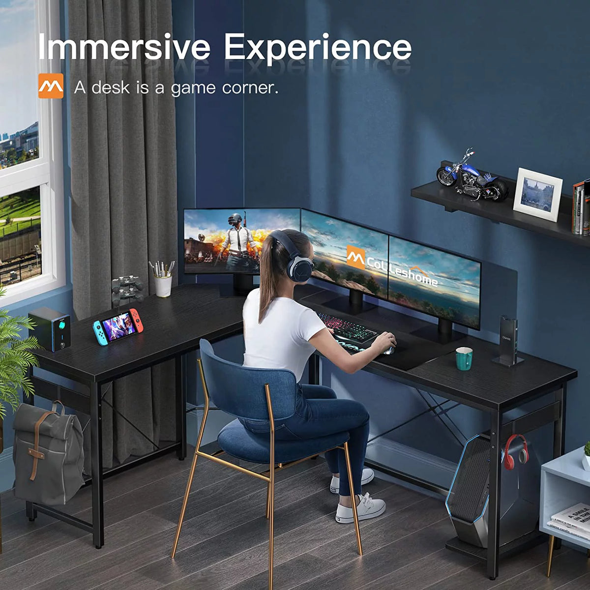 66" L Shaped Black Gaming Desk R55118