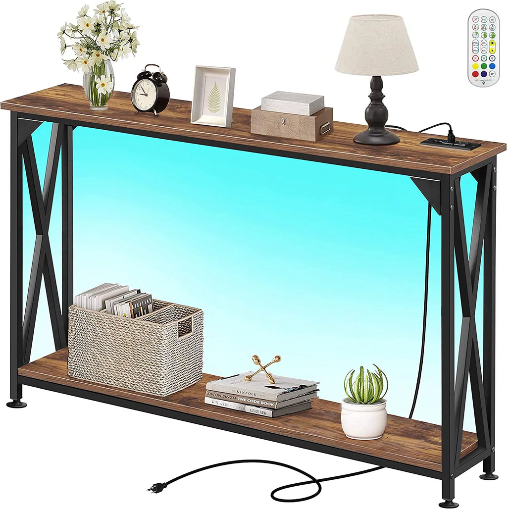 2 Tiers Console Sofa Table with Power Outlet and Open Storage Shelf A266