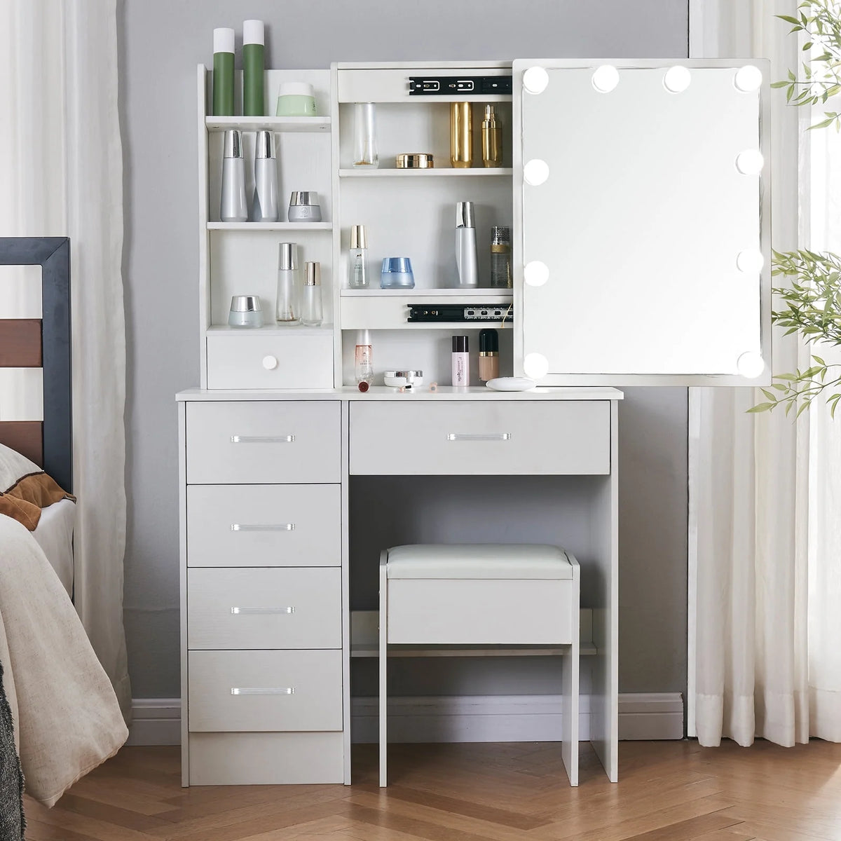 White Makeup Vanity Table with Mirror and Lights B240
