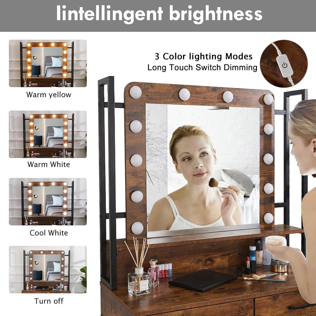 Rustic Vanity Set with Adjustable Lights, 3 Drawers, Brown T8313