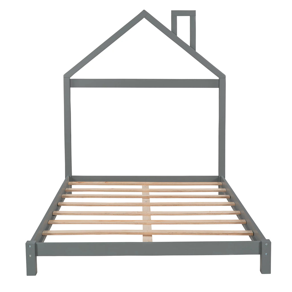 Full Size Gray Wood Platform Bed with House-shaped Headboard O89525