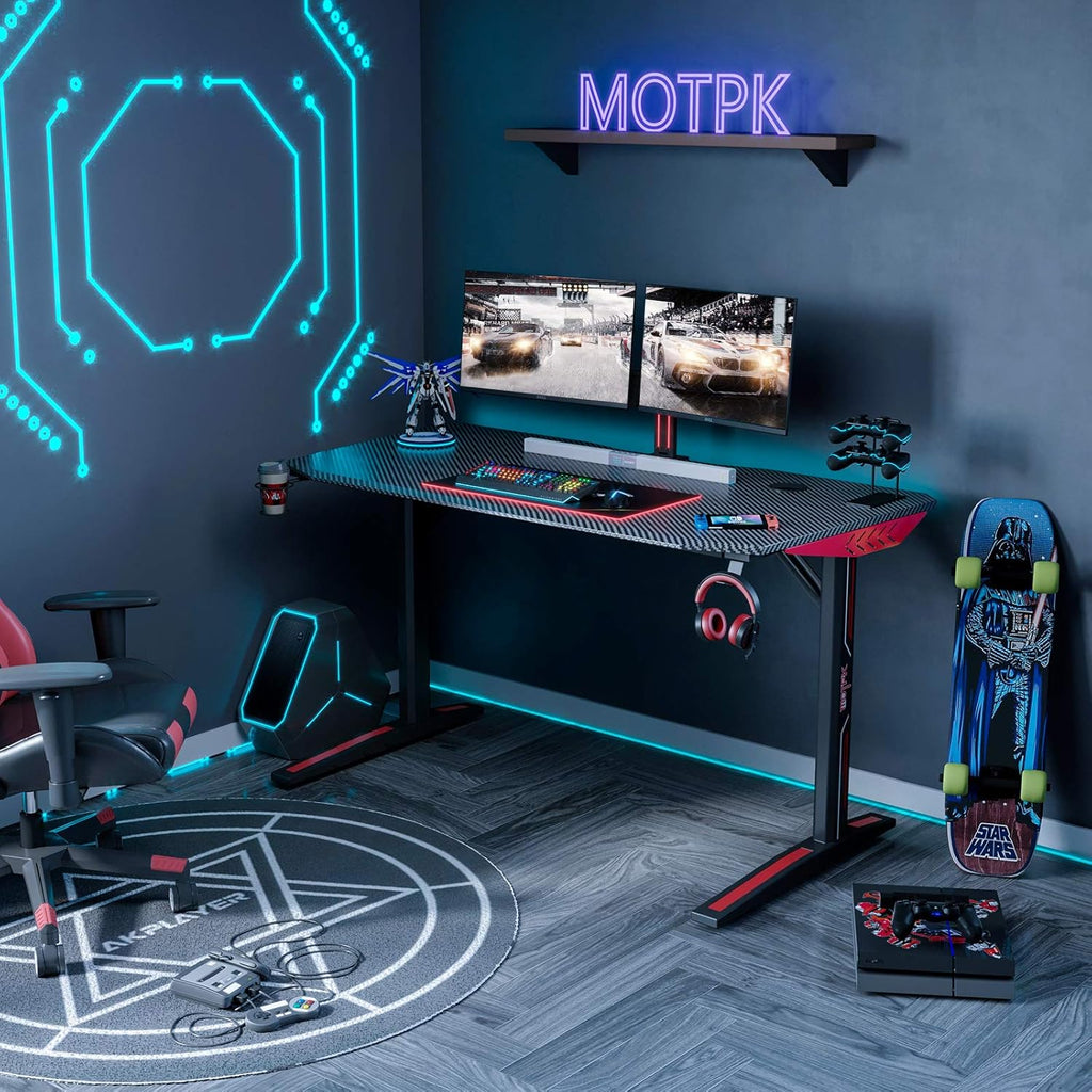Black Carbon Fiber 47 Inch Gaming Desk with Cup Holder Rack and Headphone Hook L92442