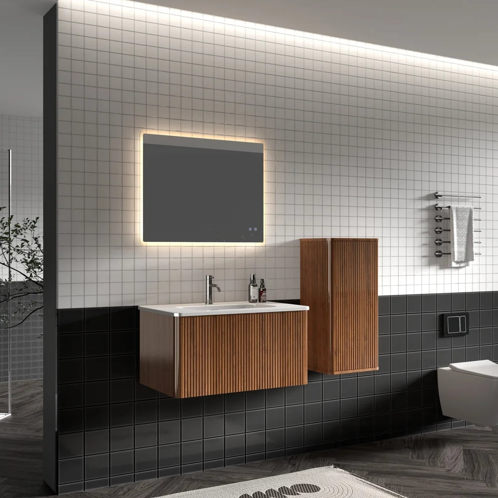 Striped Walnut Bathroom Floating Side Cabinet S4278