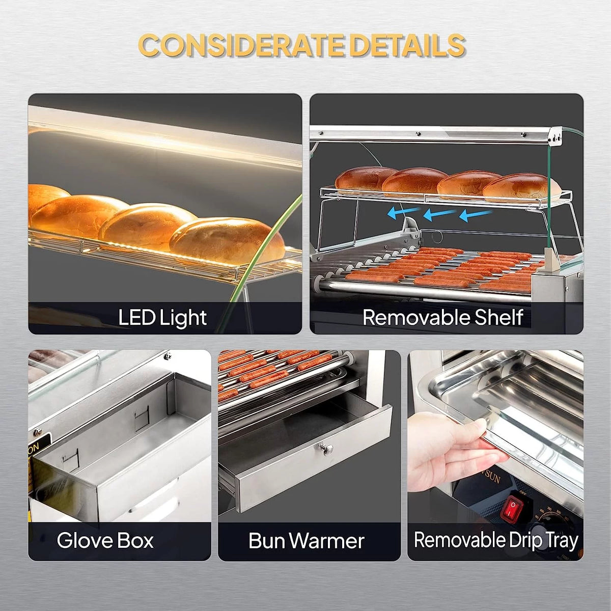 2000W 11 Rollers Hot Dog Roller Grill Cooker Machine with Bun Warmer G949481