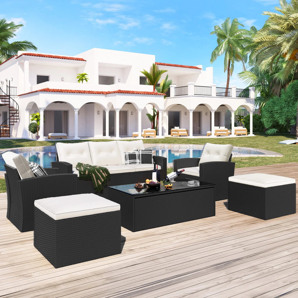 6-piece PE rattan Patio Sectional Set with coffee table, ottomans, removable cushions Y7617