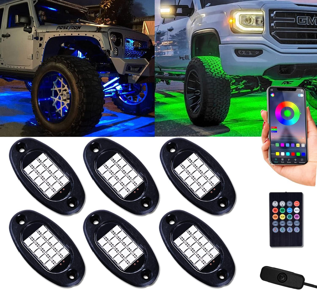 RGB LED Rock Lights Kit 10 Pods Multicolor Pack of 2 Y1948