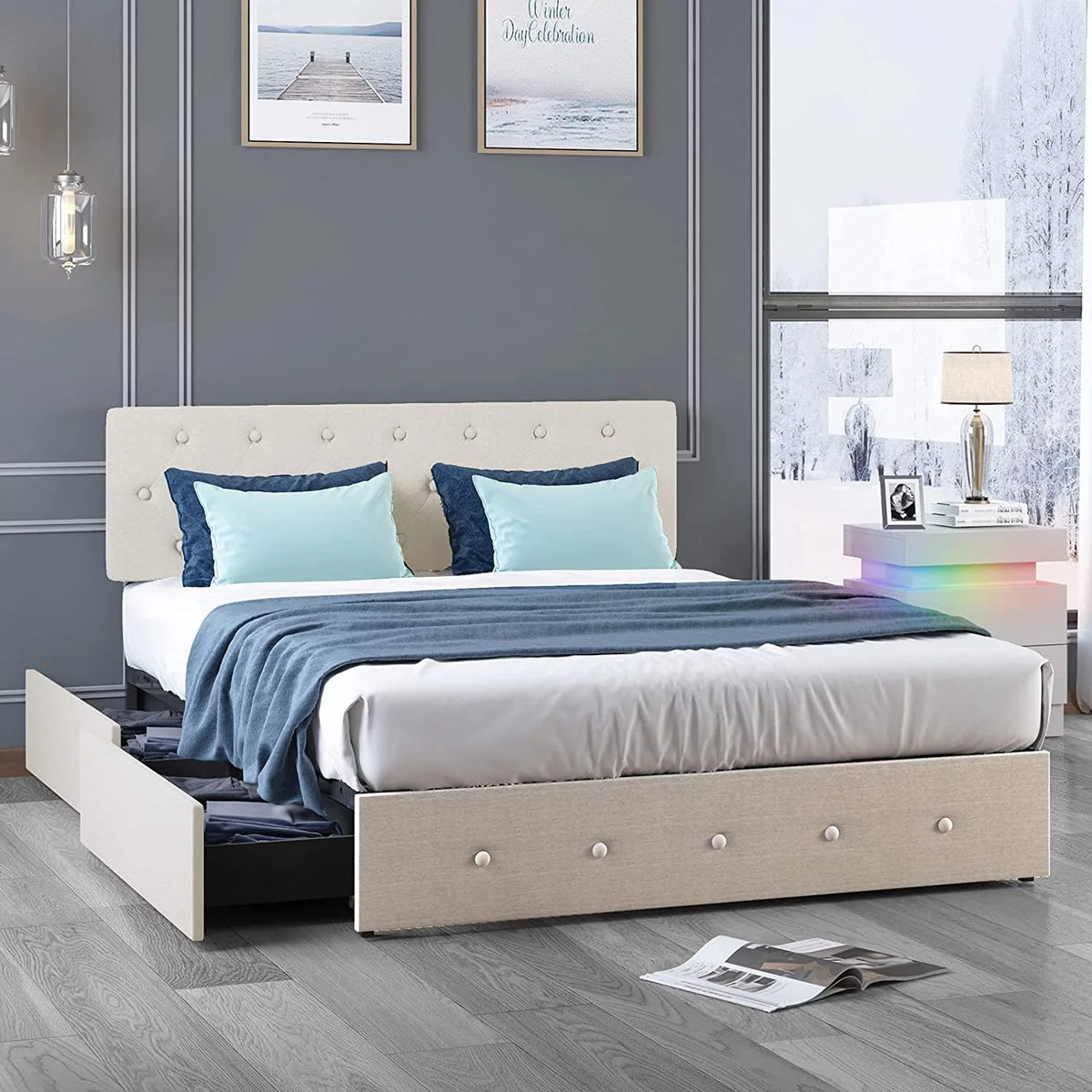 King Size Platform Bed Frame with 4 Storage Drawers G9718