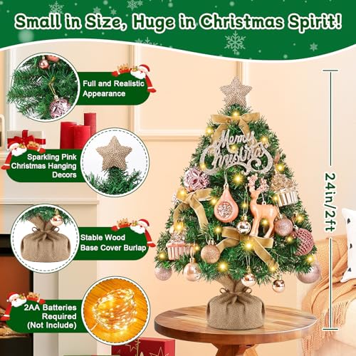 2 FT Mini Christmas Tree with Lights and 35 PCS Pink Ornaments X223462