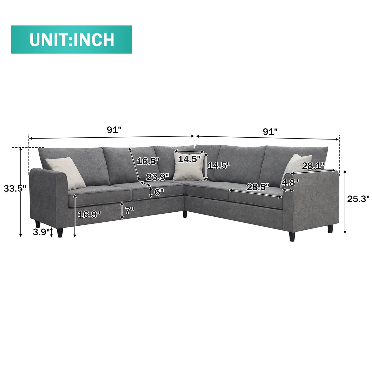 Gray Upholstered L Shaped Sectional Sofa U850