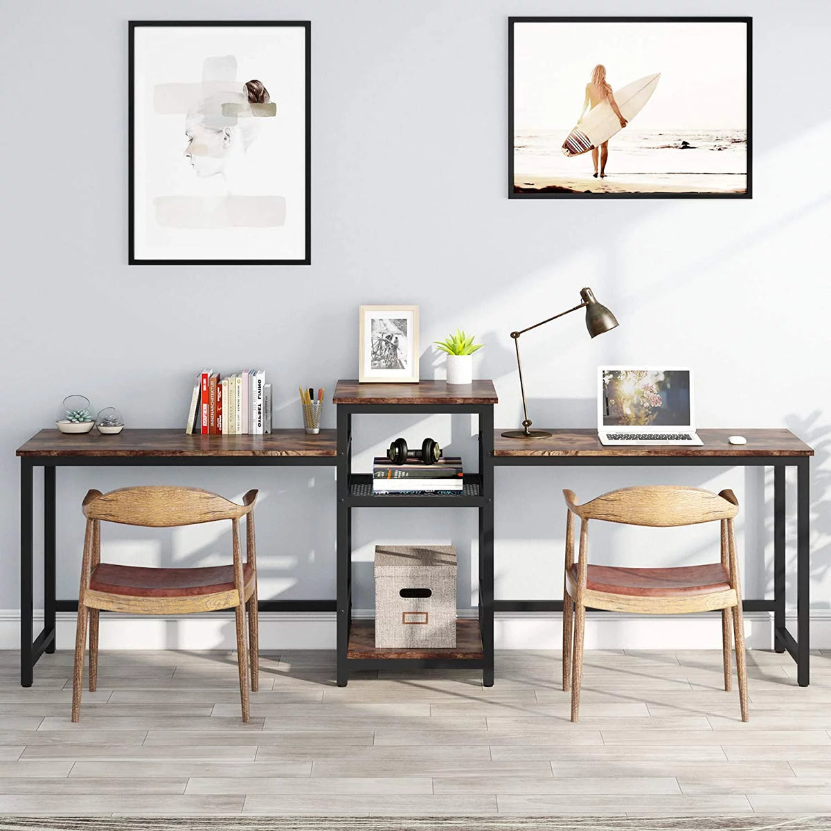 96.9" Double Computer Desk with Printer Shelf J577