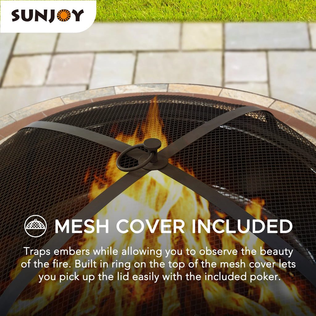 40 Inch Round Wood Burning Fire Pit with Steel Mesh Spark Screen and Ceramic Tile Tabletop R36821