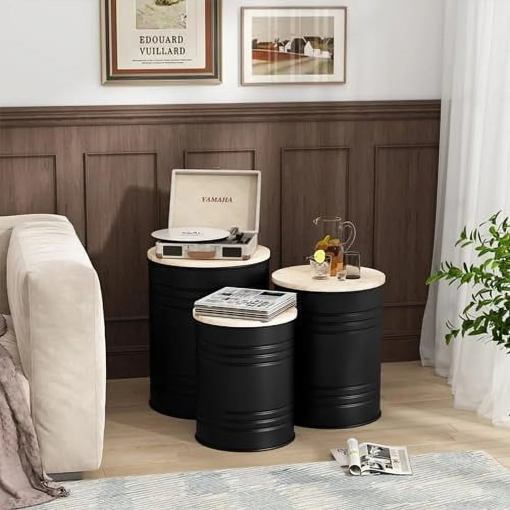Set of 3 Galvanized Metal Side Table with Wood Lid A4768